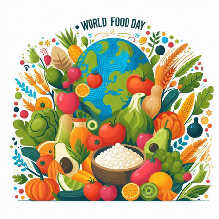World food day poster with healthy food and vegetables. Vector illustration.のイラスト素材
