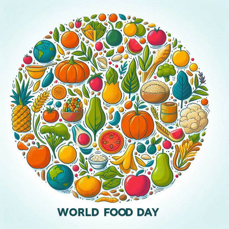 World food day poster with hand drawn fruits and vegetables. Vector illustrationのイラスト素材