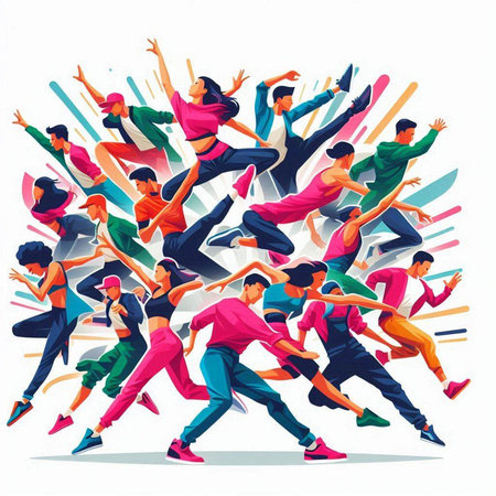 Vector illustration of a group of young people dancing and jumping in the air.