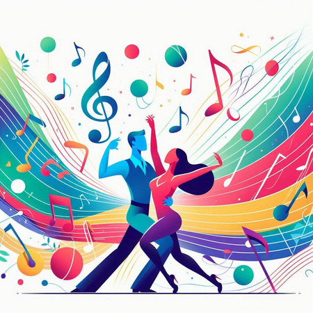 Couple dancing on a musical background with notes. Vector illustration.のイラスト素材