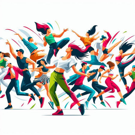 Running people. Colorful vector illustration of young men and women.のイラスト素材