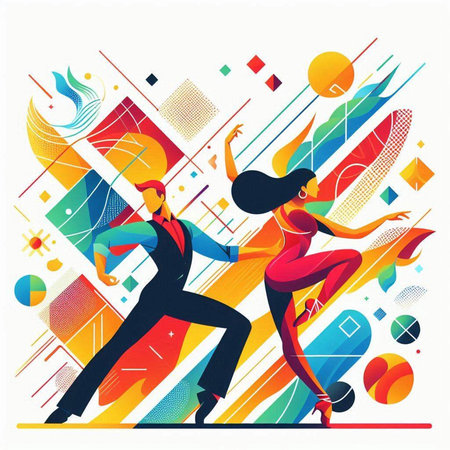 Couple dancing tango on abstract colorful background. Vector illustration.のイラスト素材