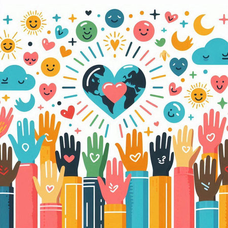 Hand drawn vector illustration of a group of diverse people raising their hands and holding a heart shape in the center.のイラスト素材