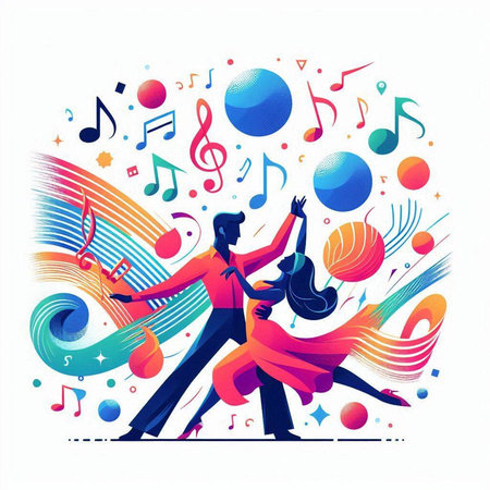Couple dancing on colorful music notes background. Vector illustration in flat styleのイラスト素材