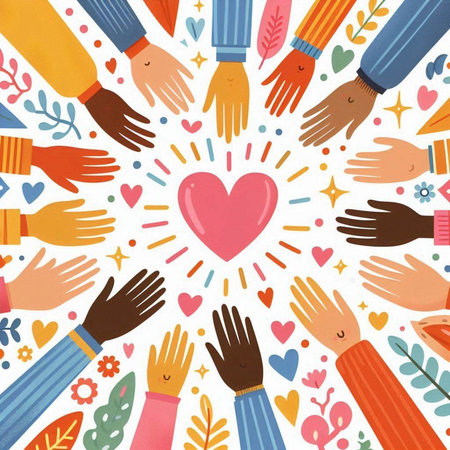 Hands of different races and colors around the heart shape. Hand drawn vector illustration.のイラスト素材