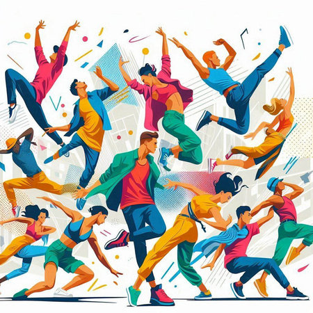 Vector illustration of group of dancing people. Flat style design. Concept of sport, active lifestyle, healthy lifestyle.のイラスト素材