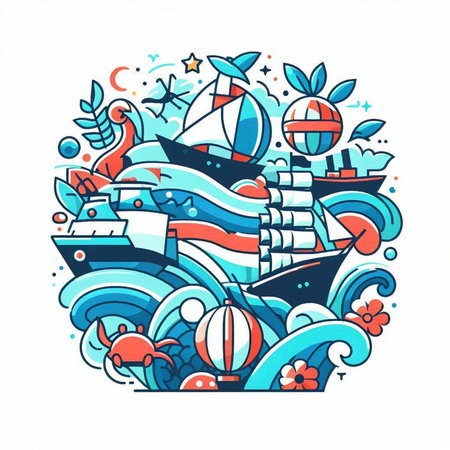 Vector hand drawn doodle summer illustration. Colorful detailed, with lots of objects background. Funny vector artwork.のイラスト素材