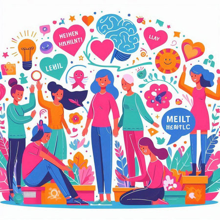 Flat design vector illustration concept of group of young people with different mental health symbols.のイラスト素材