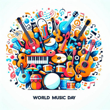 World music day poster with hand drawn doodle musical instruments. Vector illustrationのイラスト素材