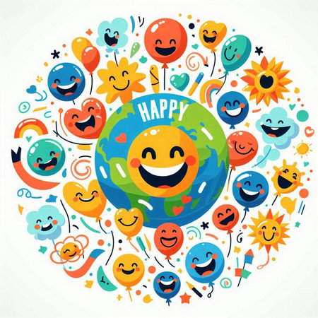 Vector illustration of happy planet with funny cartoon faces on white background.のイラスト素材