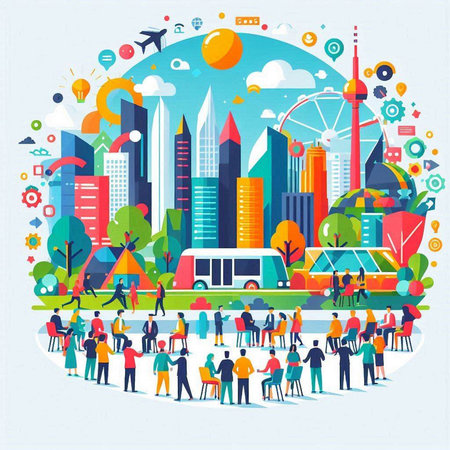 Vector illustration of modern city with people in flat design style. Urban landscape with skyscrapers, buildings, cars, bus and people.のイラスト素材