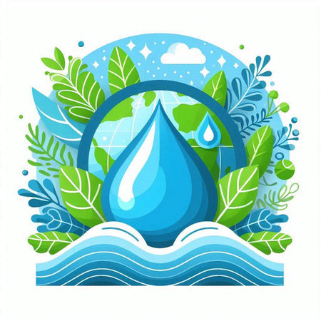 Save water concept with world map and water drop. Vector illustration.のイラスト素材