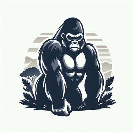 Gorilla on the background of the landscape. Vector illustration.のイラスト素材