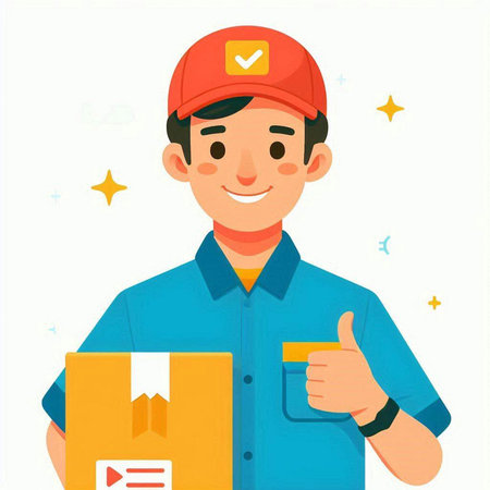 Delivery man holding parcel and showing thumbs up. Vector illustration in cartoon style.のイラスト素材