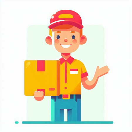 Delivery man in uniform and cap with box. Vector illustration in cartoon style.のイラスト素材