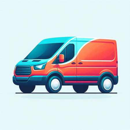 Vector illustration of an orange van on a blue background. Side view.のイラスト素材