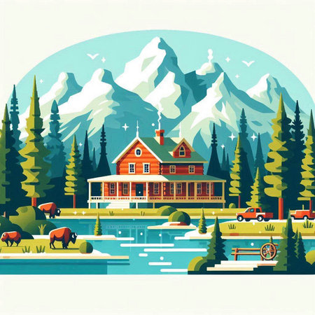 Vector illustration of mountain landscape with wooden house, forest and lake.のイラスト素材
