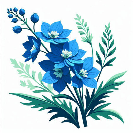 Blue flowers with green leaves on a white background. Vector illustration.のイラスト素材