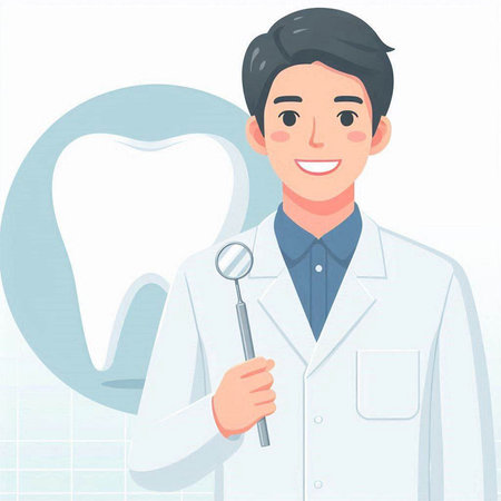 Dentist holding a dental mirror and tooth. Vector illustration.のイラスト素材