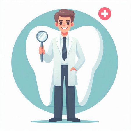 Dentist in white coat with magnifying glass. Vector illustrationのイラスト素材