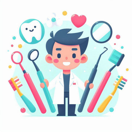 Cute cartoon dentist with stomatology tools. Vector illustrationのイラスト素材