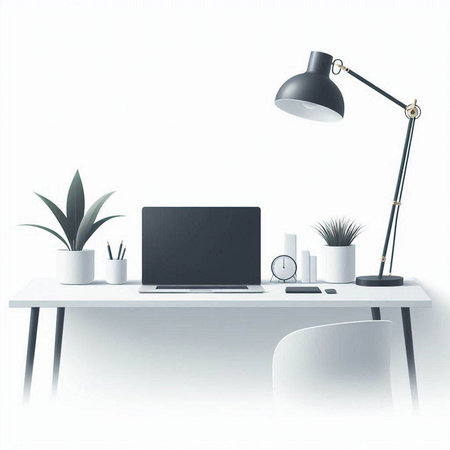 Workplace with laptop, lamp and plant on a white background.のイラスト素材