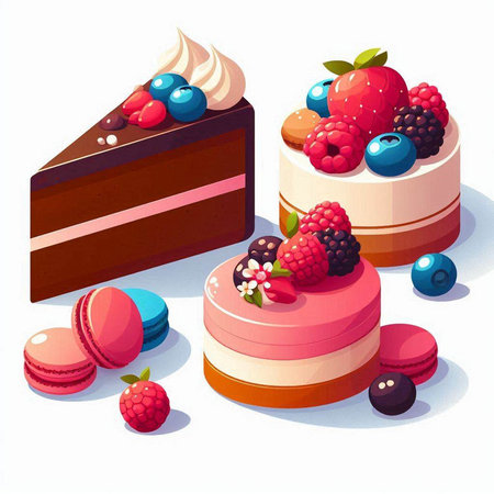 Set of different cakes with berries and macaroons. Vector illustration.のイラスト素材
