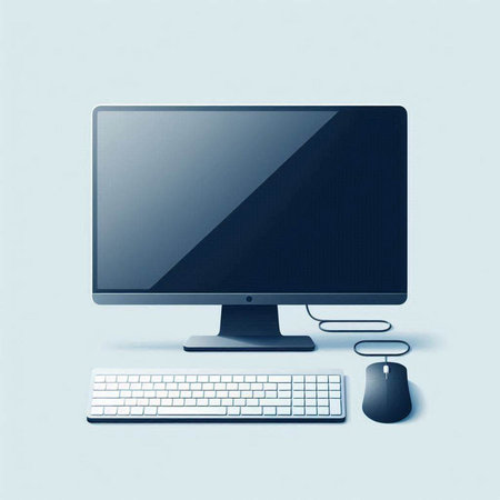 Computer monitor with keyboard and mouse on blue background. 3d illustrationのイラスト素材