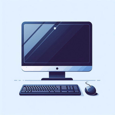 Desktop computer with keyboard and mouse on blue background. Vector illustration.のイラスト素材