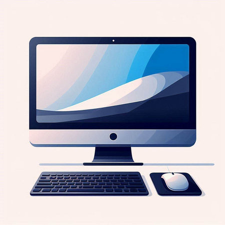 Computer monitor with keyboard and mouse on a white background. Vector illustrationのイラスト素材