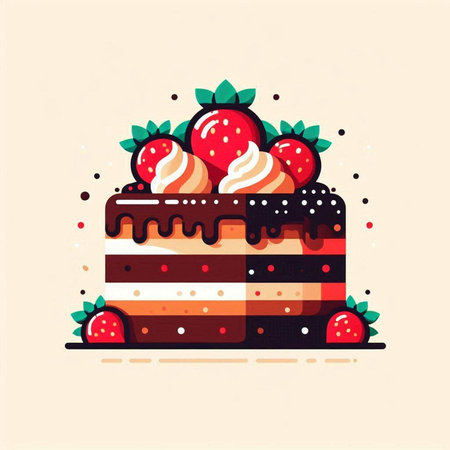 Vector illustration of a chocolate cake with strawberries on a light background.のイラスト素材
