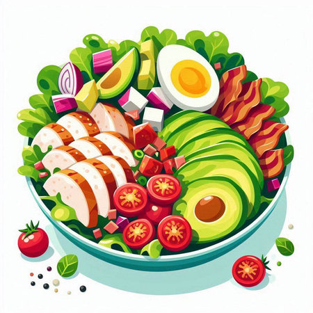 Salad with chicken, avocado, tomatoes, cucumber, onion and lettuce. Vector illustration.のイラスト素材
