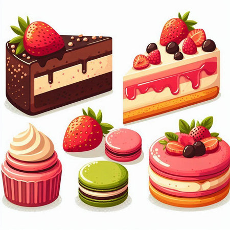 Set of different types of cakes. Vector illustration isolated on white background.のイラスト素材