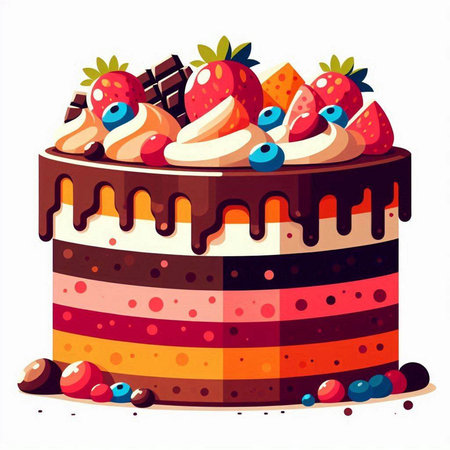 Cake with strawberries, blueberries and chocolate. Vector illustration.のイラスト素材