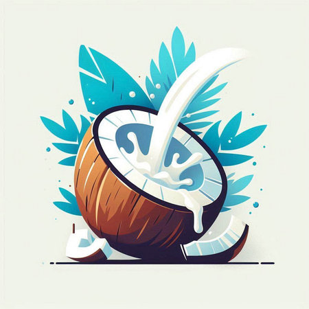 Vector illustration of coconut milk splashing into a coconut, healthy food.のイラスト素材