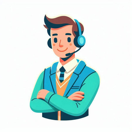 Vector illustration of a man in a business suit and a headset.のイラスト素材