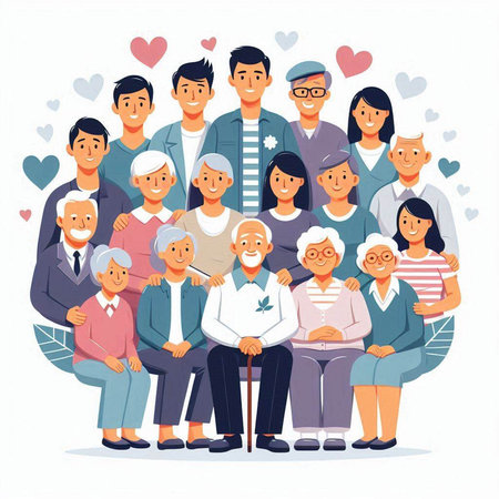 Happy family. Grandparents, mother, father, grandmother and grandfather. Vector illustrationのイラスト素材