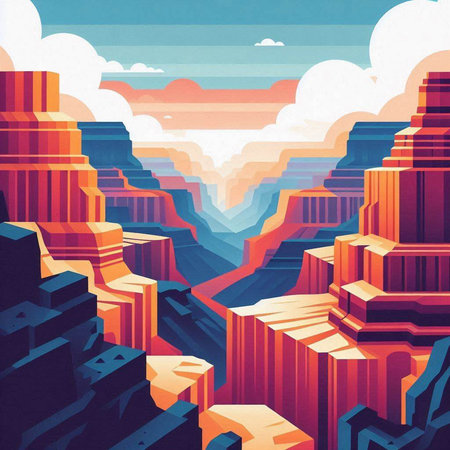 Abstract landscape with mountains and clouds in retro style. Digital illustration.のイラスト素材