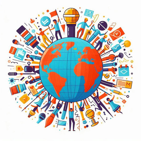Global communication concept. Vector illustration in the form of a globe with various icons.のイラスト素材