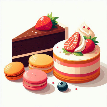 vector illustration of cake, macaroon, strawberry and blueberryのイラスト素材
