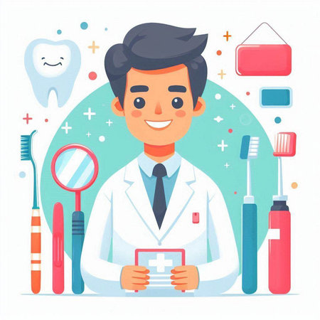 Dentist man holding a first aid kit. Vector illustration.のイラスト素材