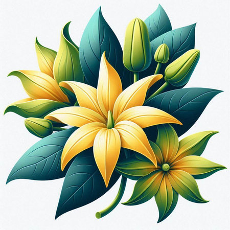 Illustration of yellow lily with green leaves on a white backgroundのイラスト素材