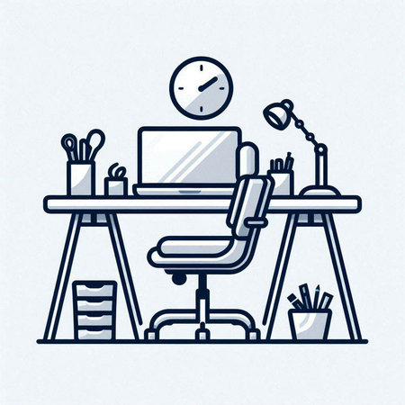 Workplace with computer, chair, table and lamp. Vector illustrationのイラスト素材