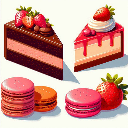 Set of sweet cakes with strawberry and macaroon. Vector illustration.のイラスト素材