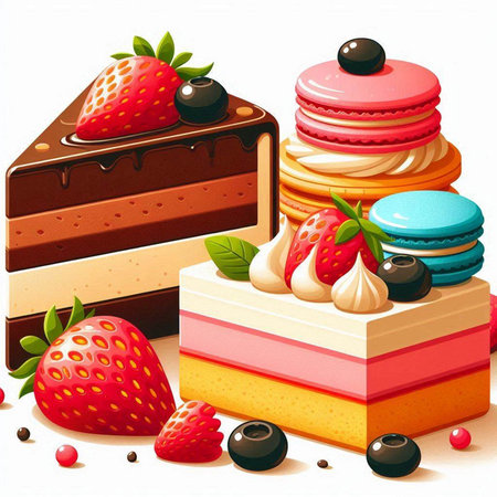 Vector illustration of a set of colorful cakes and macaroons.のイラスト素材
