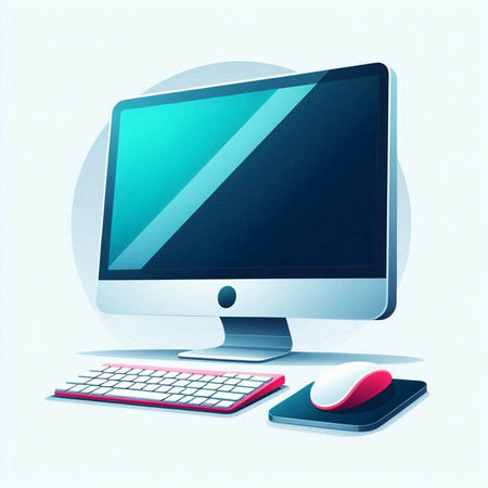 Computer monitor with keyboard and mouse on white background. Vector illustration.のイラスト素材