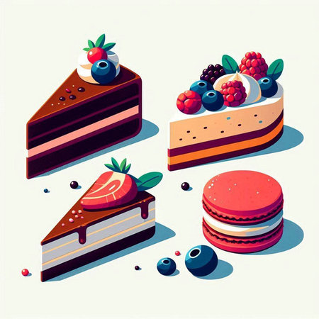 Cakes with berries and macaroons. Isometric vector illustration.のイラスト素材