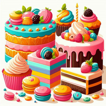 Vector illustration of a set of different cakes and macaroons.のイラスト素材