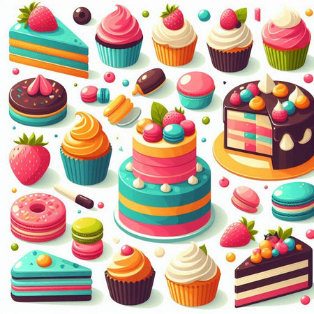 Set of colorful cupcakes and macaroons. Vector illustration.のイラスト素材