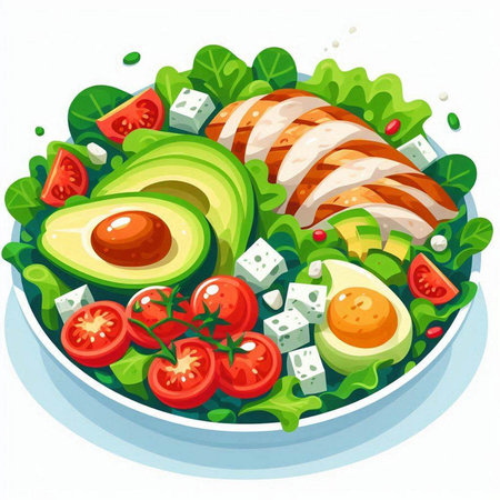 Salad with chicken, avocado, tomatoes and mozzarella. Vector illustration.のイラスト素材
